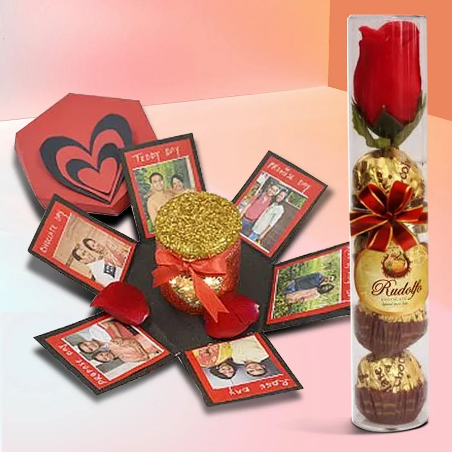 Hexagon explosion box featuring personalized photos, Rudolfo chocolates, LED heart lamp, and rose tube