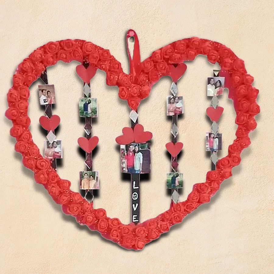 Handmade heart-shaped love frame showcasing 8 personalized photos