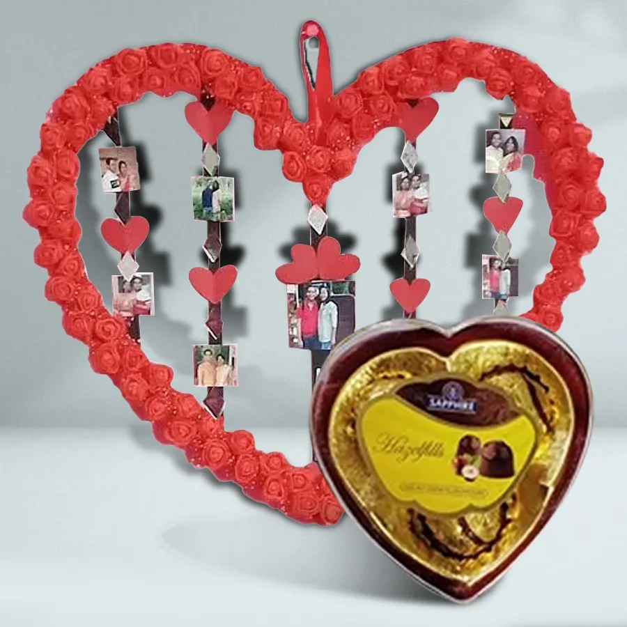 Fabulous Personalized Handmade Love Frame with custom photos and Sapphire Hazelfills Chocolates in a heart box.