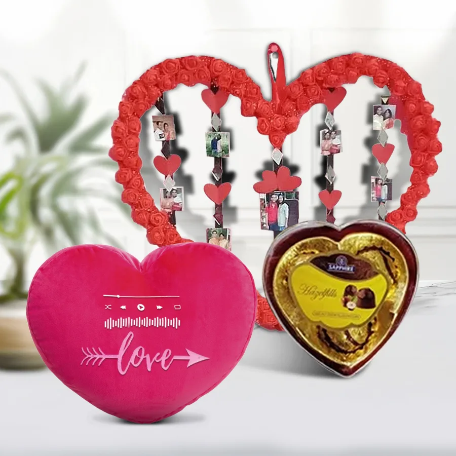 Singing Heart gift combo with personalized photo frame, Sapphire Hazelfills chocolates, and heart-shaped music player