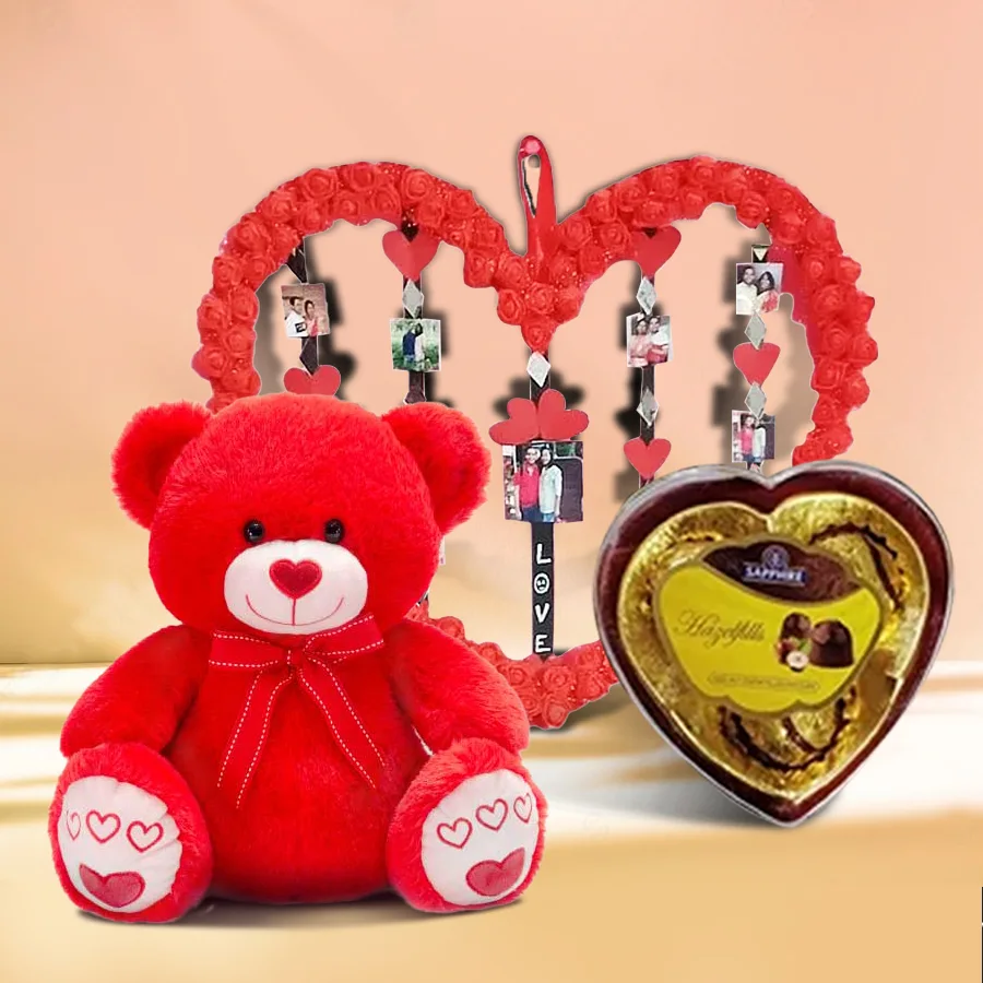 Enchanting handmade personalized photo frame with three sapphire Hazelfills chocolate hearts and a cuddly 6-inch teddy bear