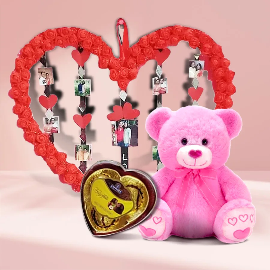 Personalized handmade love frame with heart-shaped design, featuring 8 photo slots, Sapphire Hazelfills chocolate hearts, and a 6-inch teddy bear.