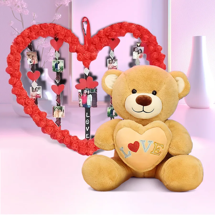 Exclusive Handmade Love Frame featuring 8 personalized photos and a 9-inch teddy on a heart.