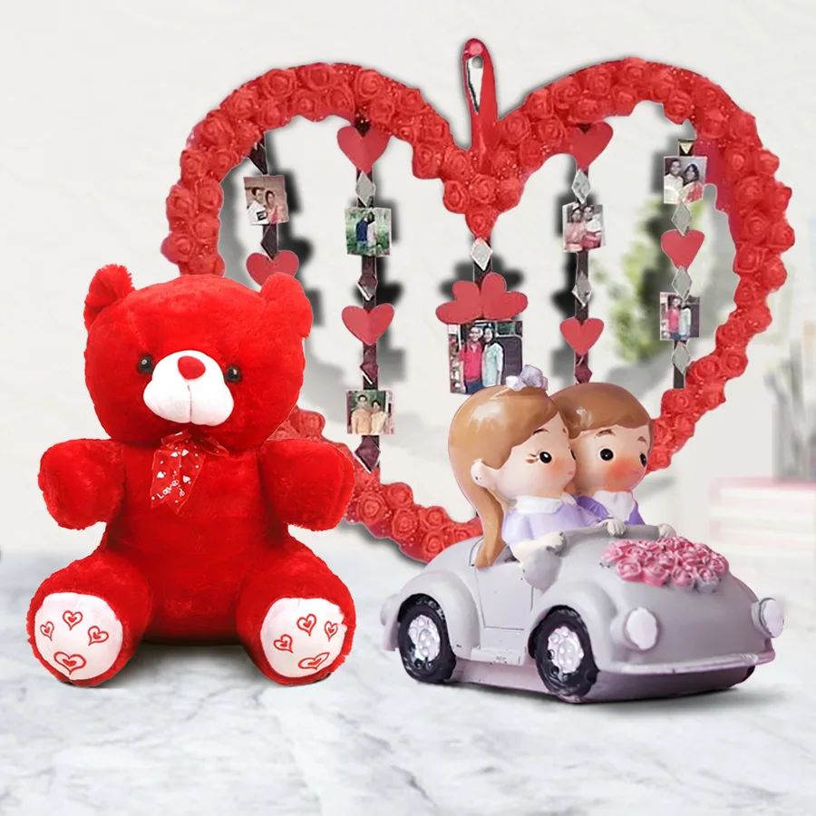 Handmade Love Frame set featuring a heart-shaped photo frame with 8 photos, a 6-inch teddy bear holding a heart, and a love couple showpiece with a car and roses.