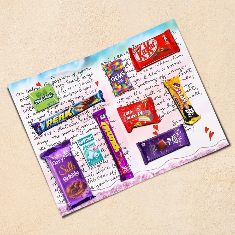 Smart-Looking Chocolate Message Card featuring assorted chocolates with heartfelt messages for Valentine's Day and special occasions.