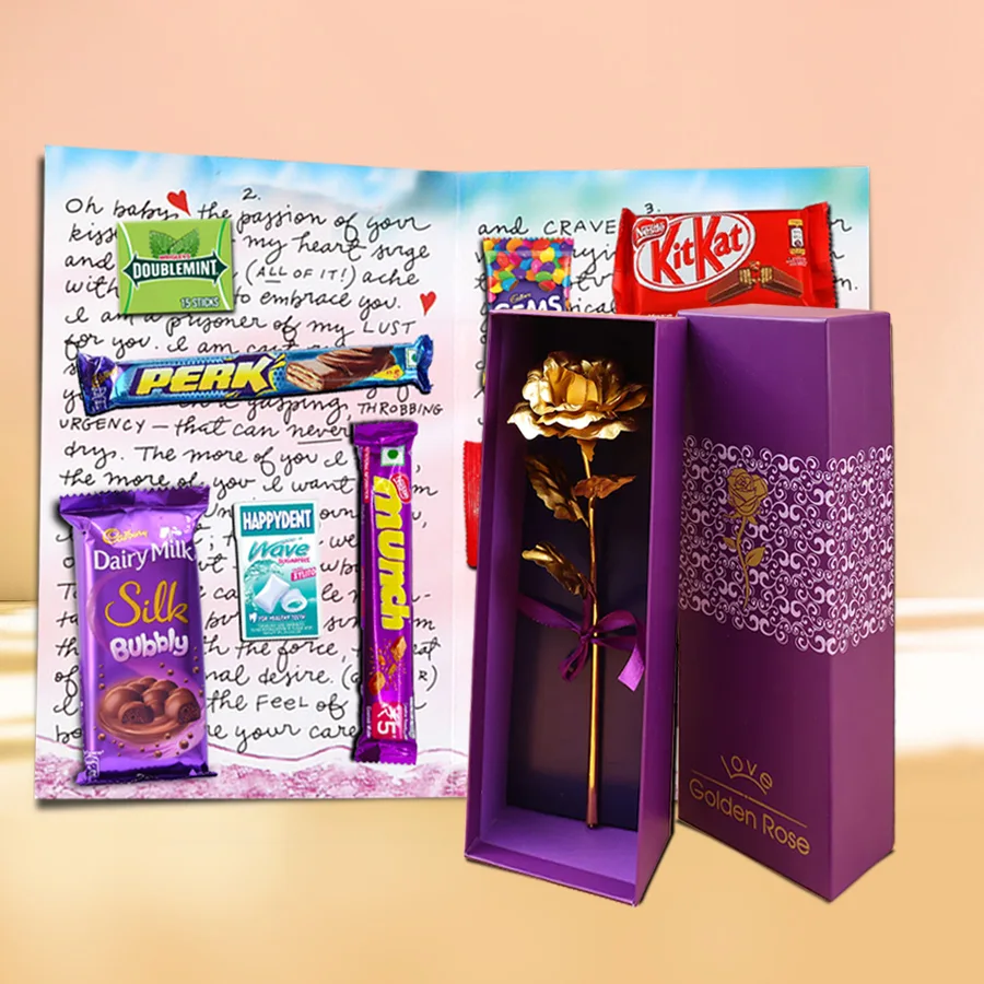 Graceful handwritten message chocolate card with assorted chocolates and a golden rose