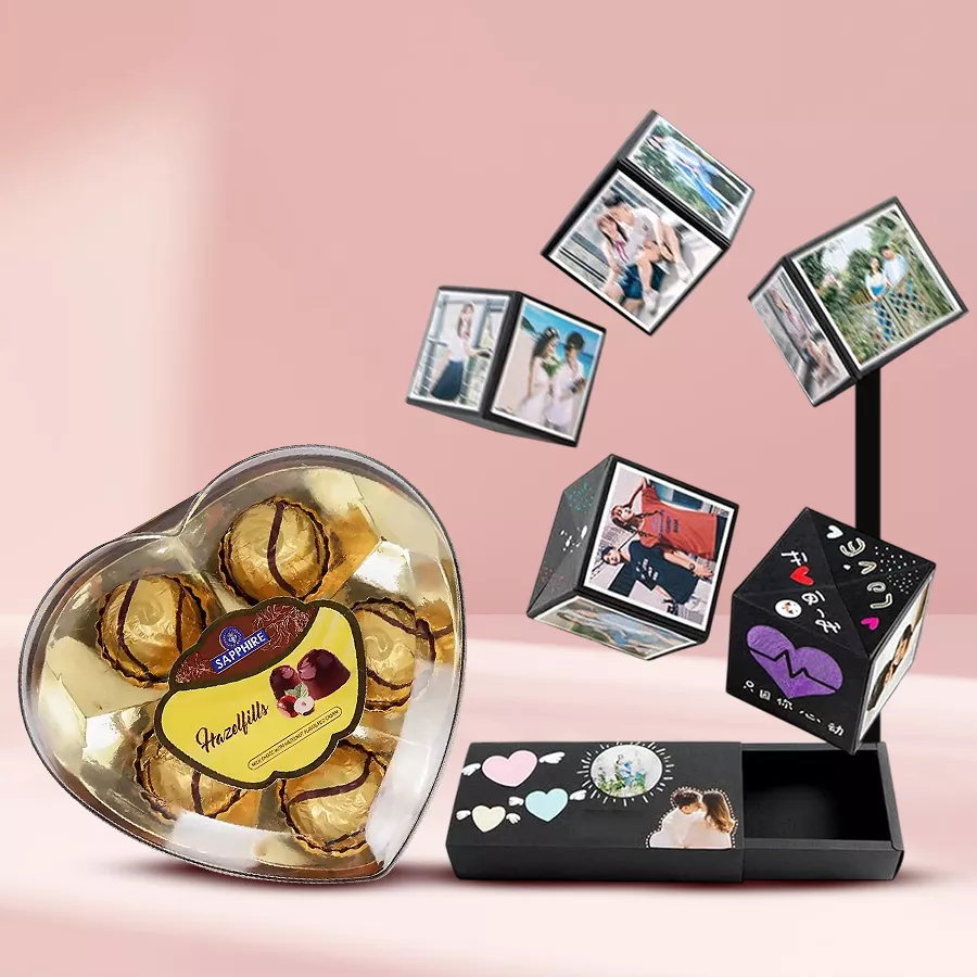 Pretty Pop Up Box with personalized photos and Sapphire Heart Shape Chocolates, ideal for Valentine's Day gift.