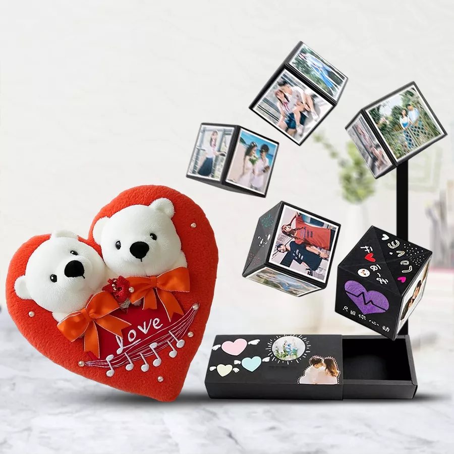 Terrific Personalized Photo PopUp Box with Musical Heart displaying three digital photos and customized messages in a pop-up design, featuring a singing heart.