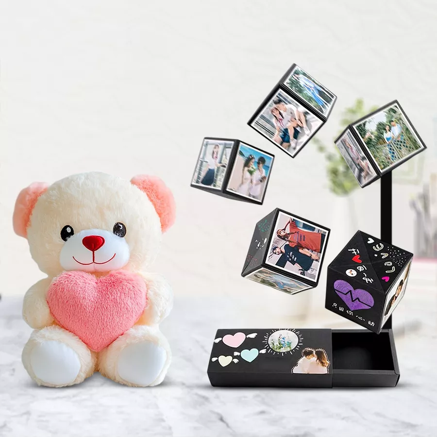 Personalized pop-up photo box featuring three favorite photos, heartfelt messages, and a cuddly teddy bear holding a heart.