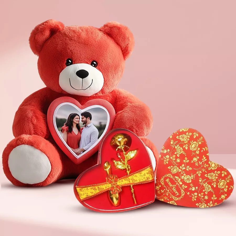 Personalized Photo Teddy in a Golden Rose Heart Shape Box
