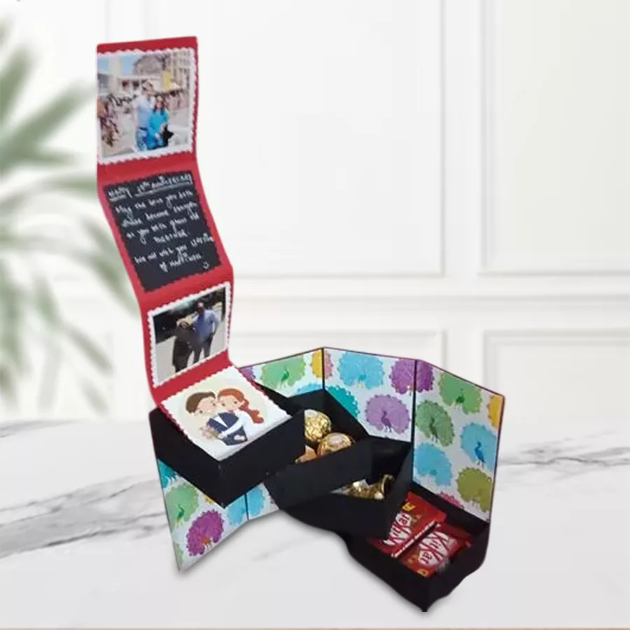 4-layer personalized pull-out stepper box filled with chocolates and decorated with photos for Valentine's Day gift