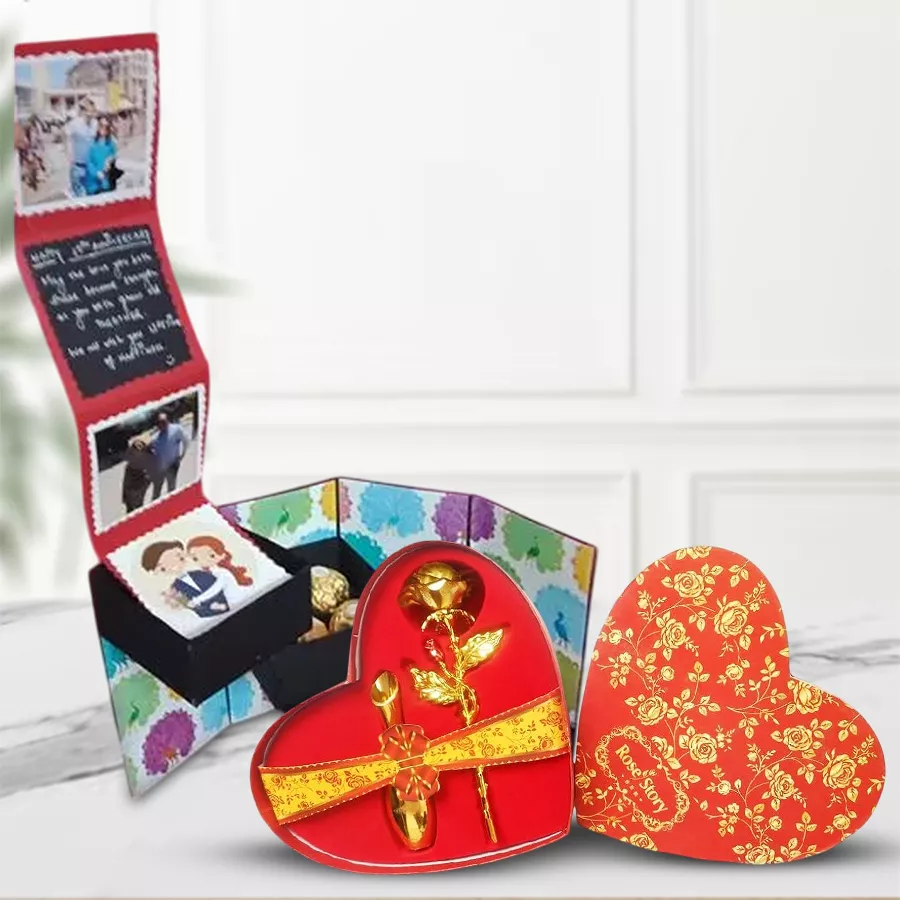 Classy 4-layer personalized pull-out stepper box filled with Ferrero Rocher, KitKat, and Hershey's Kisses, accompanied by a golden rose.