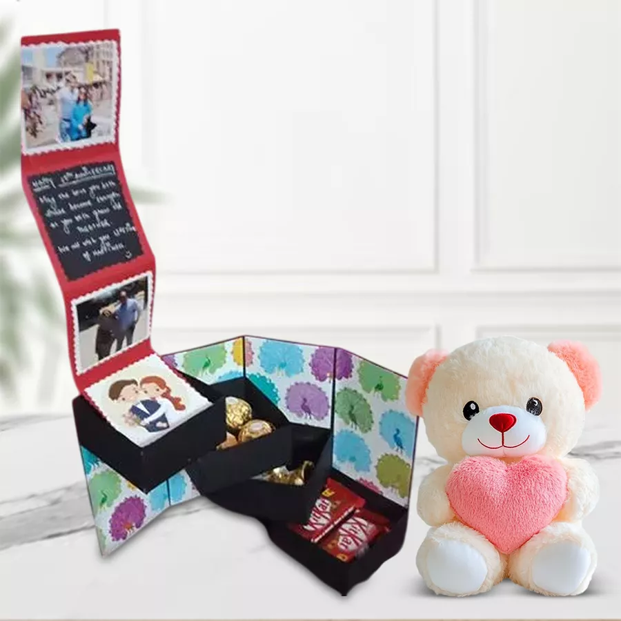4 Stepper Pull Out Box of Chocolates featuring Ferrero Rocher, KitKat, Hershey's Kisses, personalized photos, and a small teddy bear with a heart