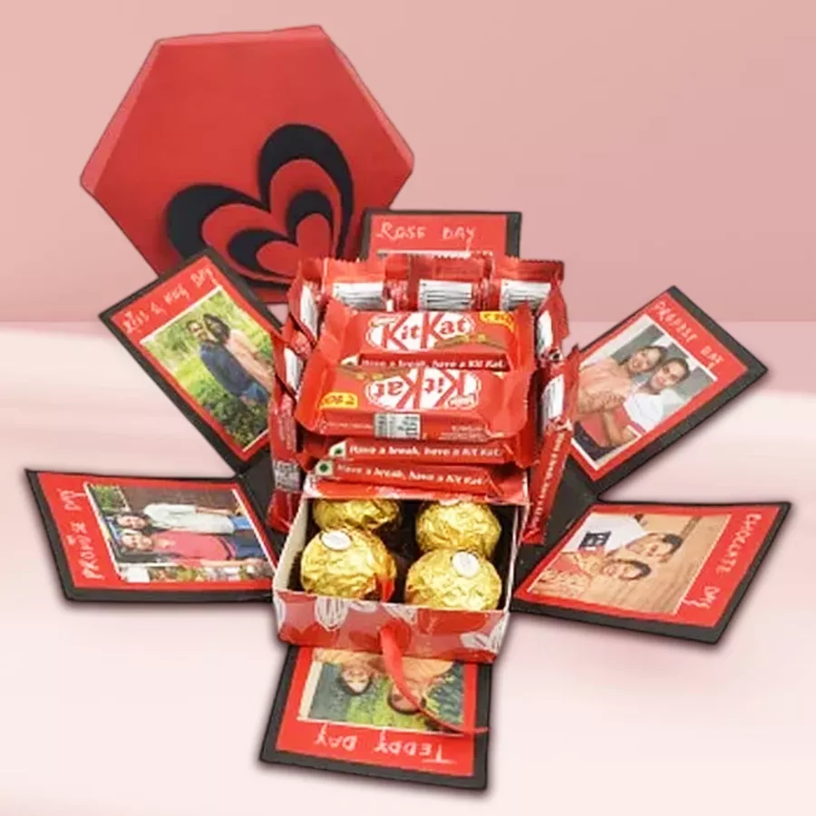 Personalized hexagonal box containing photos, Ferrero Rocher chocolates, and KitKat chocolates