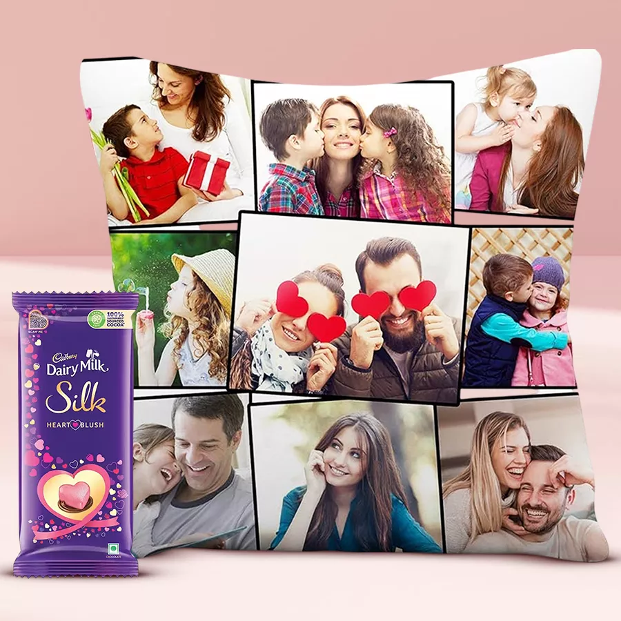 Elegant personalized cushion with a Cadbury Dark Milk Chocolate Bar on a soft surface