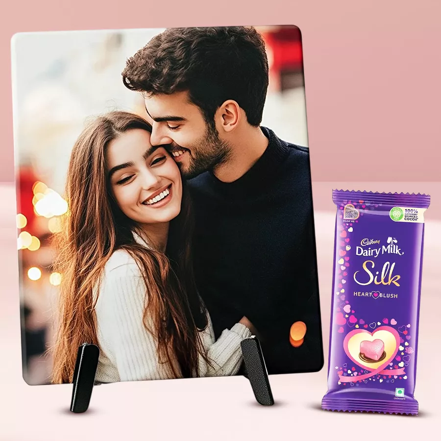 Personalized 4x4 photo tile featuring a cherished memory alongside ITC Fabelle Twin Chocolates in an elegant arrangement