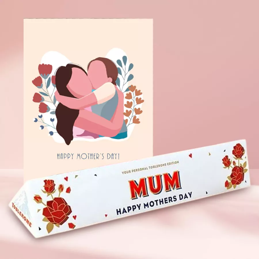 Tasty personalized Toblerone chocolate bar with a Mother's Day greeting card against a decorative background