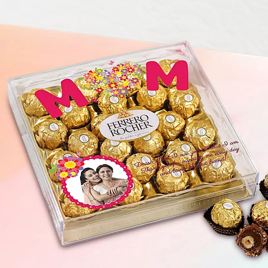 Irresistible 24pc Ferrero Rocher personalized chocolate box for Mother's Day with a customized photo and elegant packaging