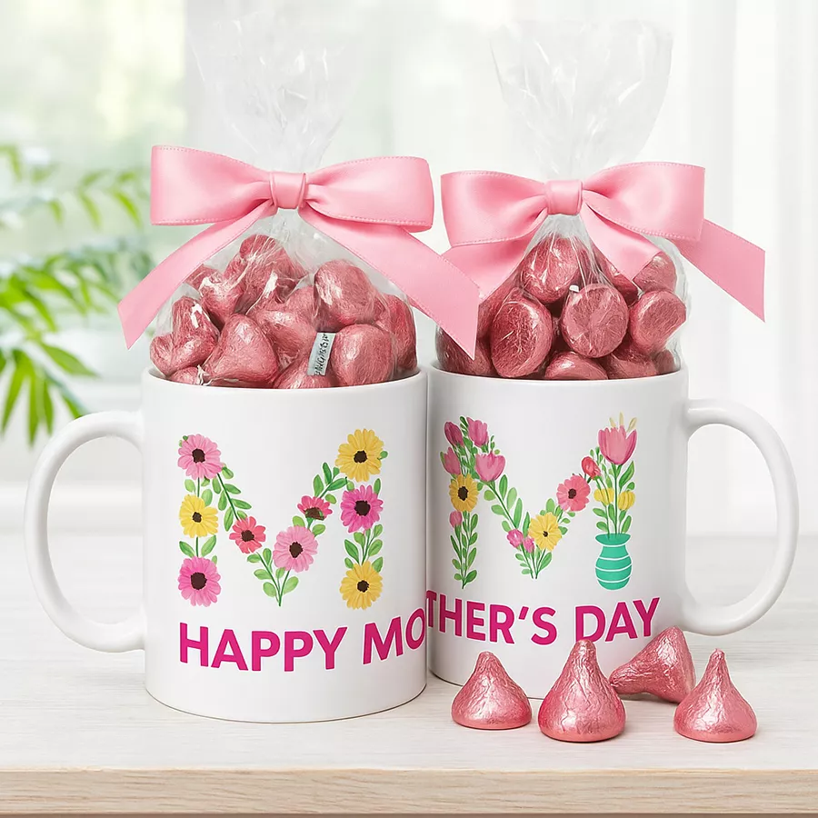 Personalized coffee mug with engraved message beside a box of Hershey's Kisses Almond Chocolates