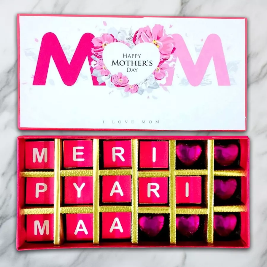 Personalized handmade chocolate pack for Mother's Day with 18 assorted chocolates and custom design options.