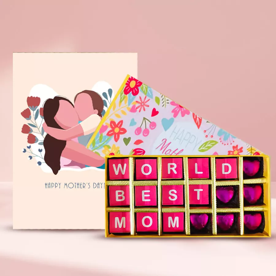 Personalized handmade chocolate pack for Mother's Day with "World's Best Mom" theme and a greeting card