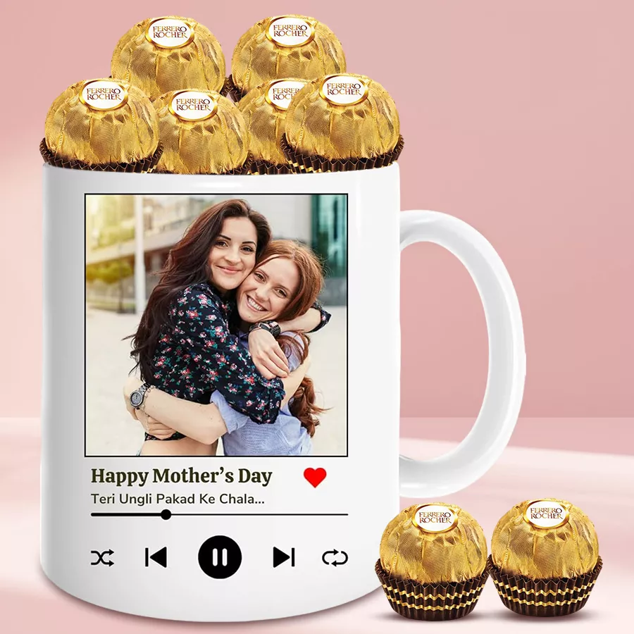 Personalized photo coffee mug with Ferrero Rocher chocolates, designed for Mother's Day gift giving.