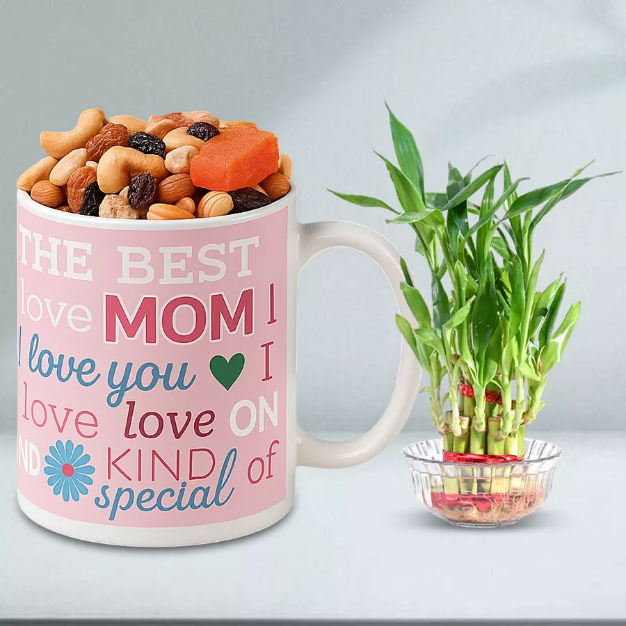 Trendy personalized mug with mixed nuts and a 2-tier Lucky Bamboo Tree gift set