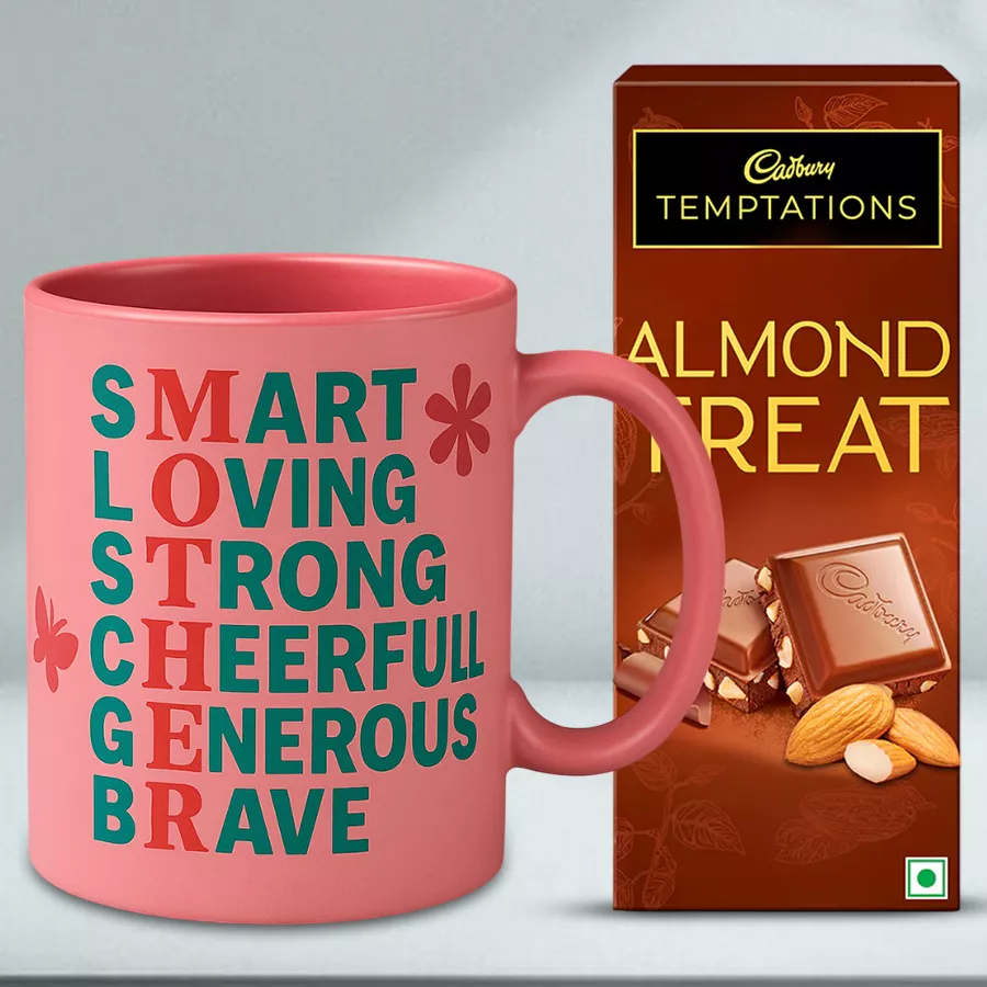 Lovely personalized coffee mug with a Cadbury Dairy Milk Temptation Almond chocolate bar, displayed on a wooden table, highlighting a customized message and a cozy atmosphere.