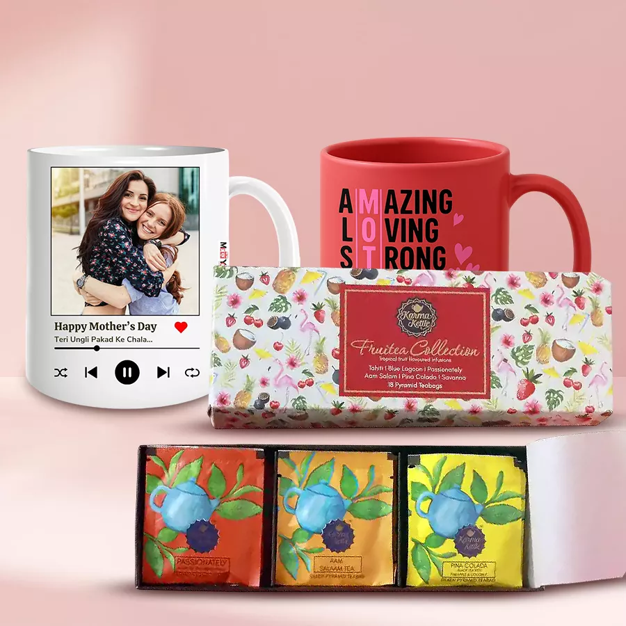 Personalized photo coffee mug pair with a heartfelt message and Frutea tea collection for Mother's Day gift.