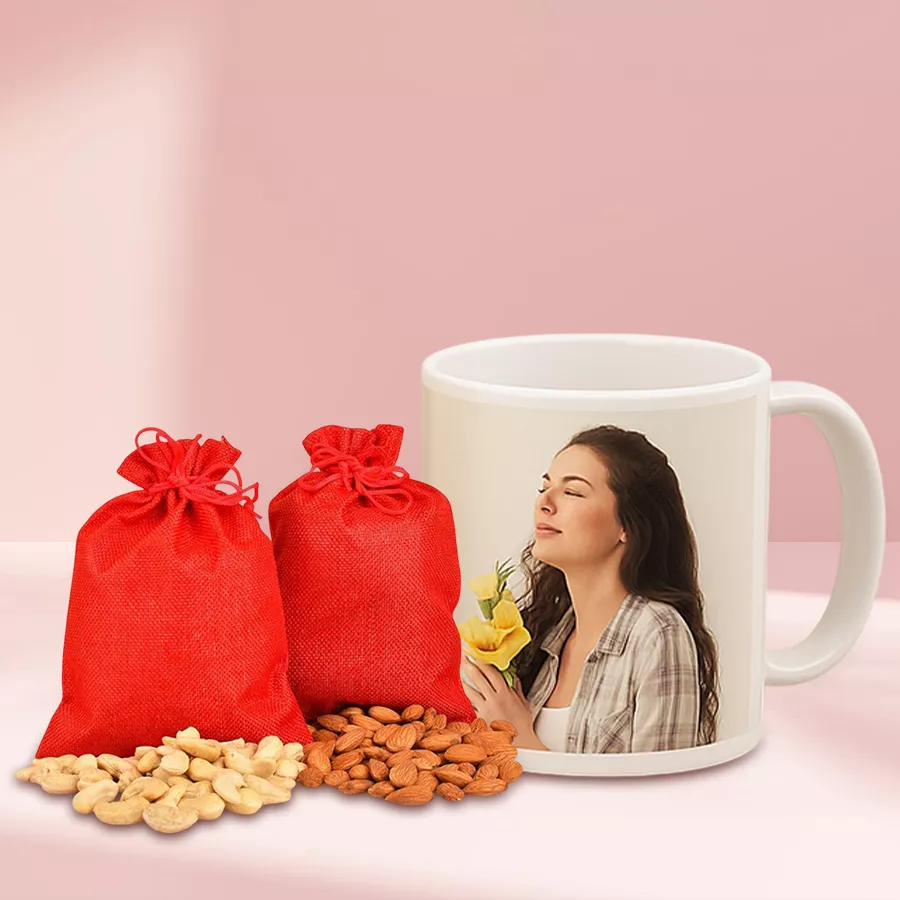 Personalized white mug filled with almonds and cashews for Mother's Day gift