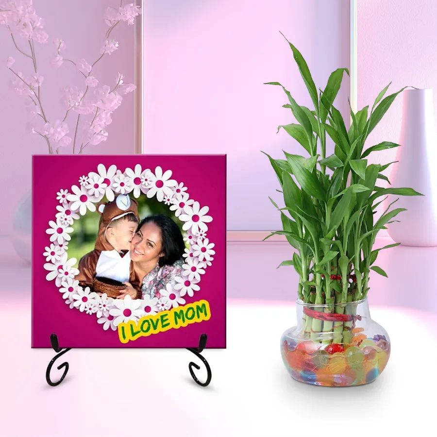 Personalized 4x4 photo frame with a 2-tier Lucky Bamboo plant for Mother's Day gift