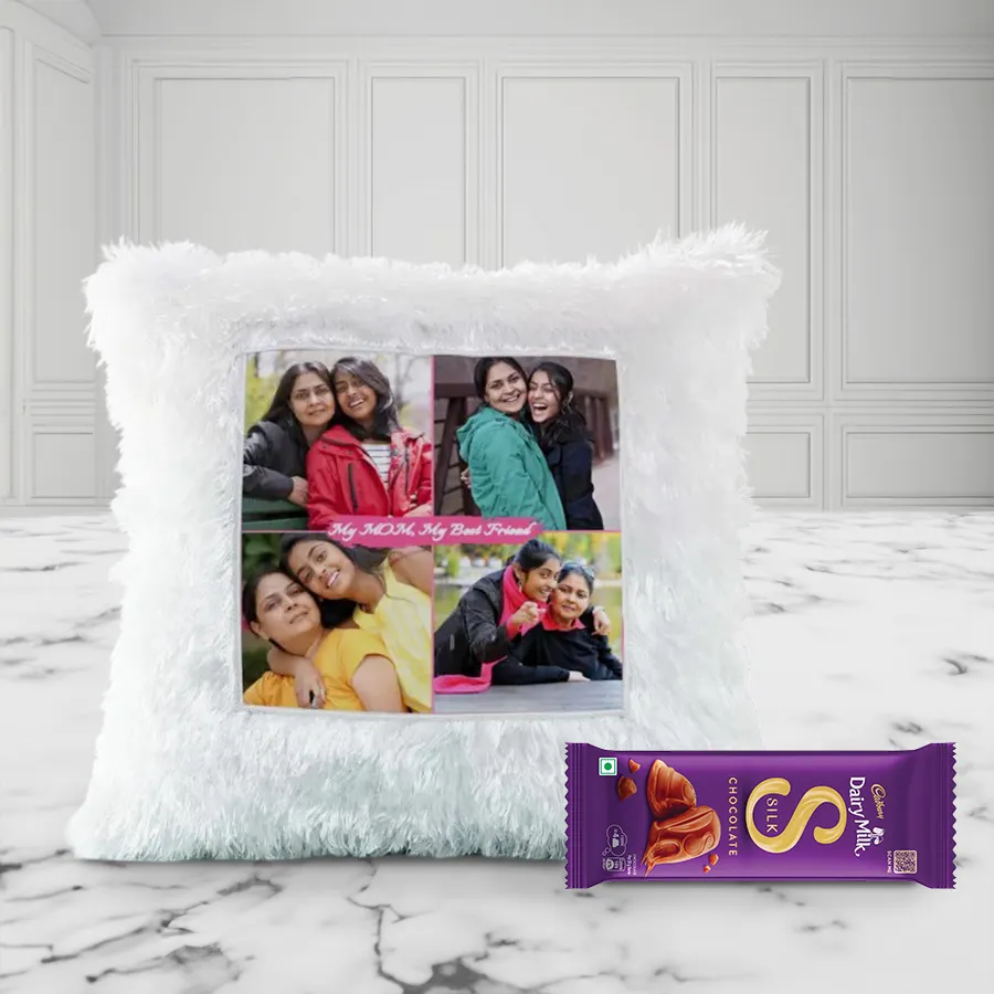 Personalized LED cushion featuring a custom photo alongside a Cadbury Dairy Milk Silk chocolate bar, designed as a Mother's Day gift.