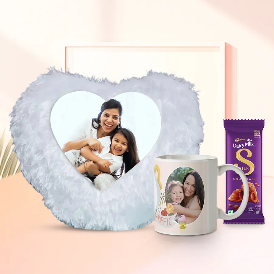 Beautiful Personalized Heart LED Cushion and Photo Mug with Cadbury Silk as a Mother's Day gift