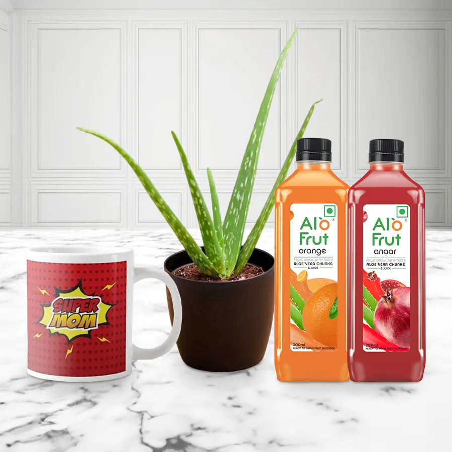 Aloe Vera plant with a personalized coffee mug featuring a photo, alongside two bottles of Aloe Fruit Juice on a wooden table.