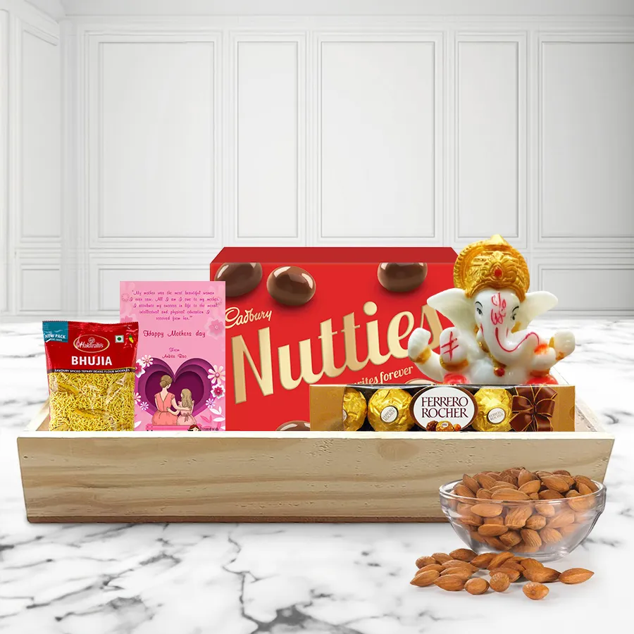 Exclusive Almonds and Chocolates Treat with Marble Ganpati on a wooden tray for Mother's Day