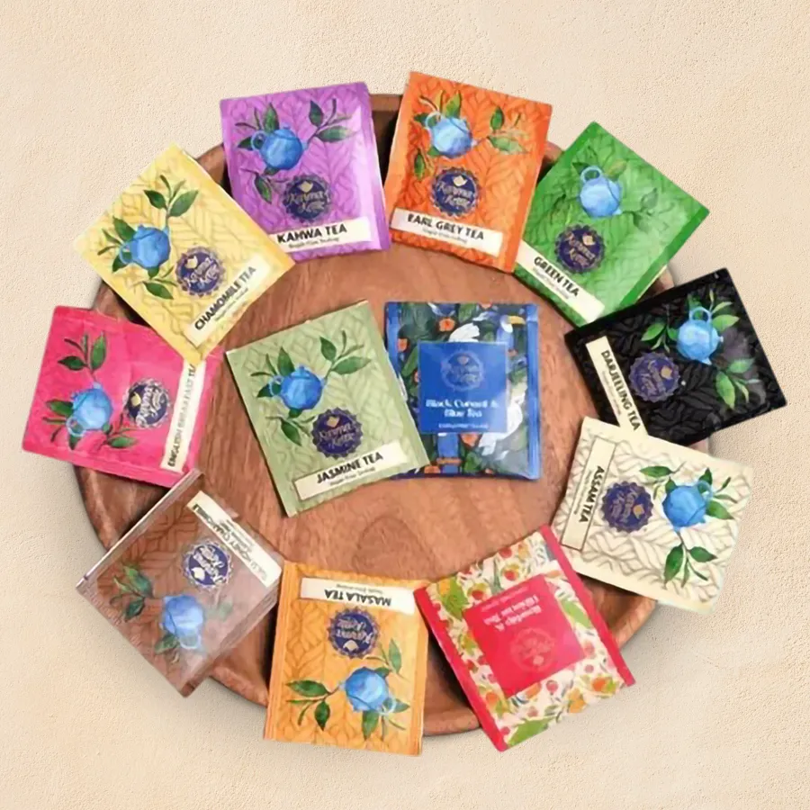 Wellness Tea Gift Pack featuring assorted tea blends including Assam, Darjeeling, Chamomile, and Tulsi, beautifully packaged for gifting.