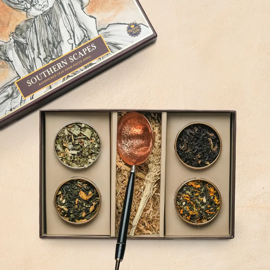 Hello, Good Mood Tea Hamper featuring five unique teas and a copper tea strainer