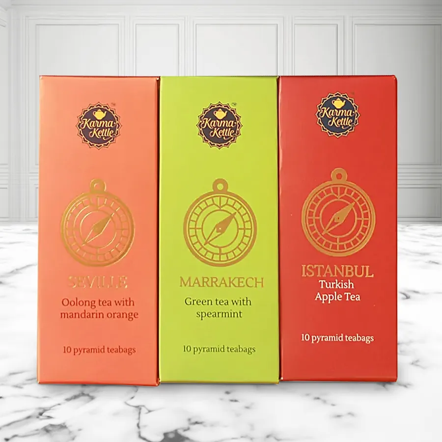 Tea Culture of The World Hamper featuring 30 premium pyramid teabags from Istanbul, Marrakech, and Seville.