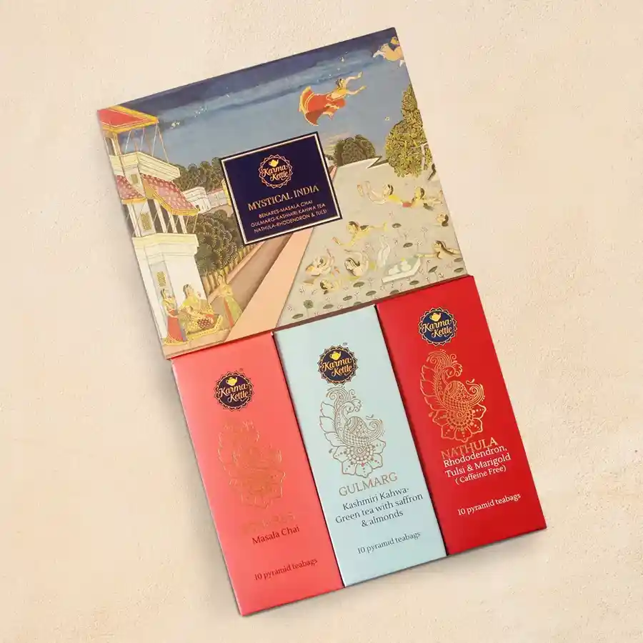 Assorted Indian Chai Hamper featuring three unique blends with pyramid teabags in a decorative box