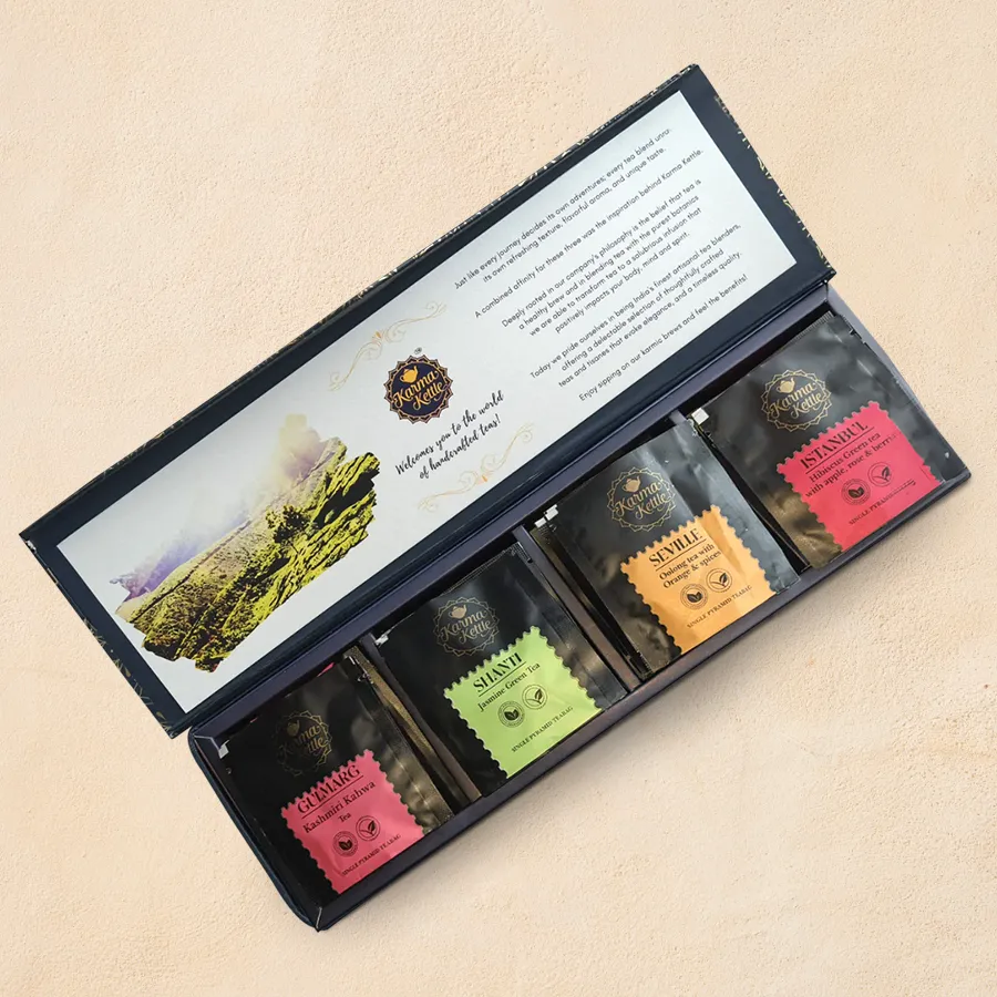Superior Healthy Tea Hamper with 40 silky pyramid teabags in four flavors: Istanbul, Gulmarg, Shanti, and Seville, displayed in an elegant arrangement.