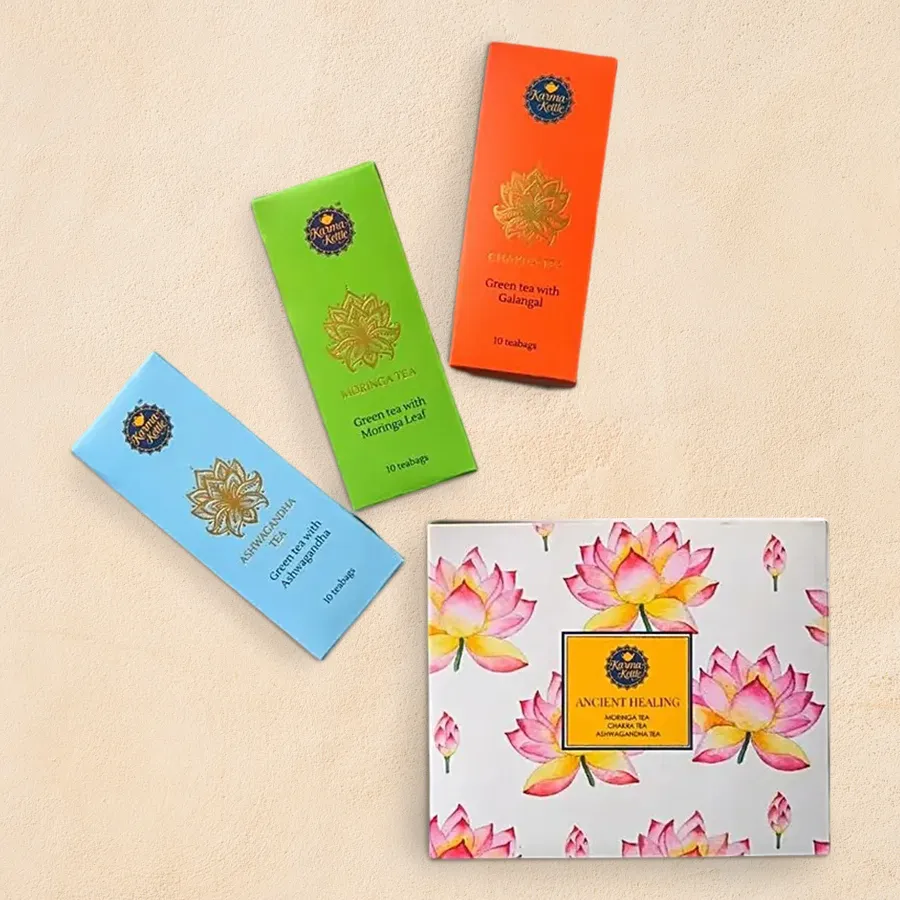 Organic tea hamper featuring pyramid teabags of Ashwagandha, Moringa, and Chakra tea