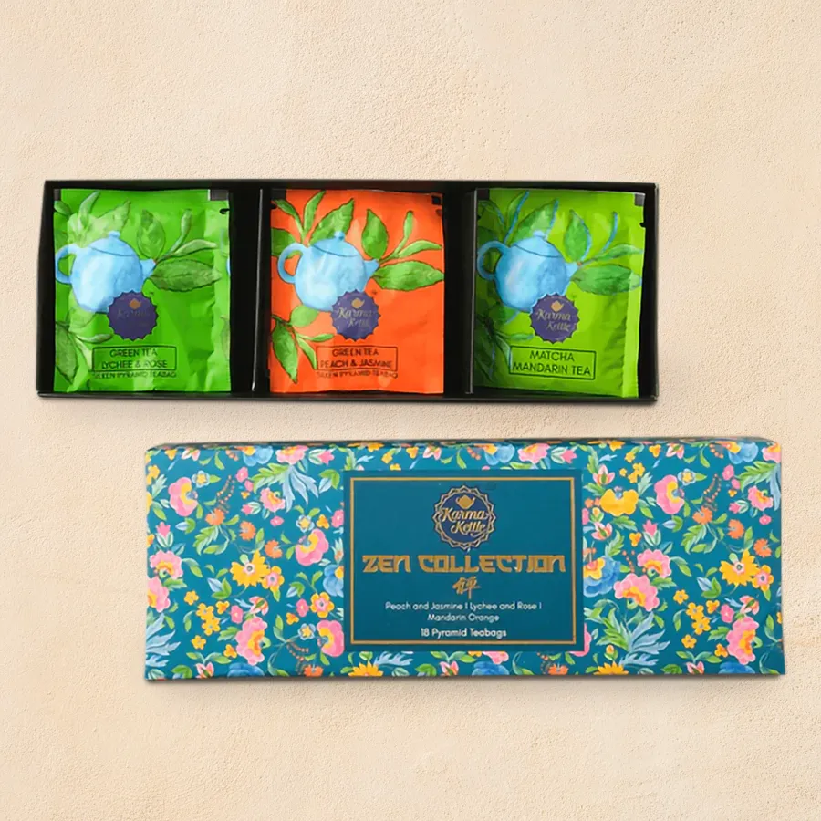 Good Health Green Tea Gift Hamper featuring assorted green tea blends including Matcha Mandarin, Peach & Jasmine, and Lychee & Rose with premium teabags.