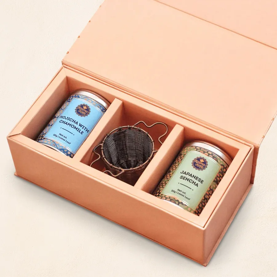 Premium Green Tea Hamper featuring Hojicha with Chamomile, Sencha Green Tea, and a Brass Basket Tea Strainer