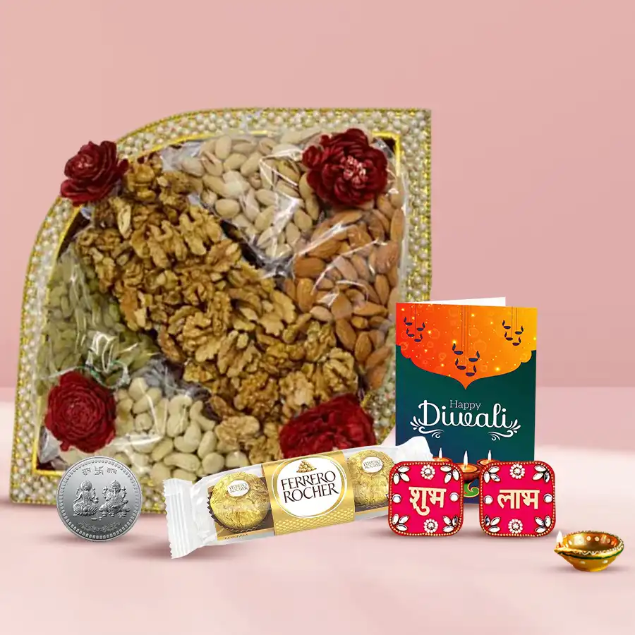 Happy Diwali Curated Gift Tray featuring premium nuts, Ferrero Rocher chocolates, a designer diya, Shubh Labh wall sticker set, a silver-plated coin, and a Diwali greetings card.