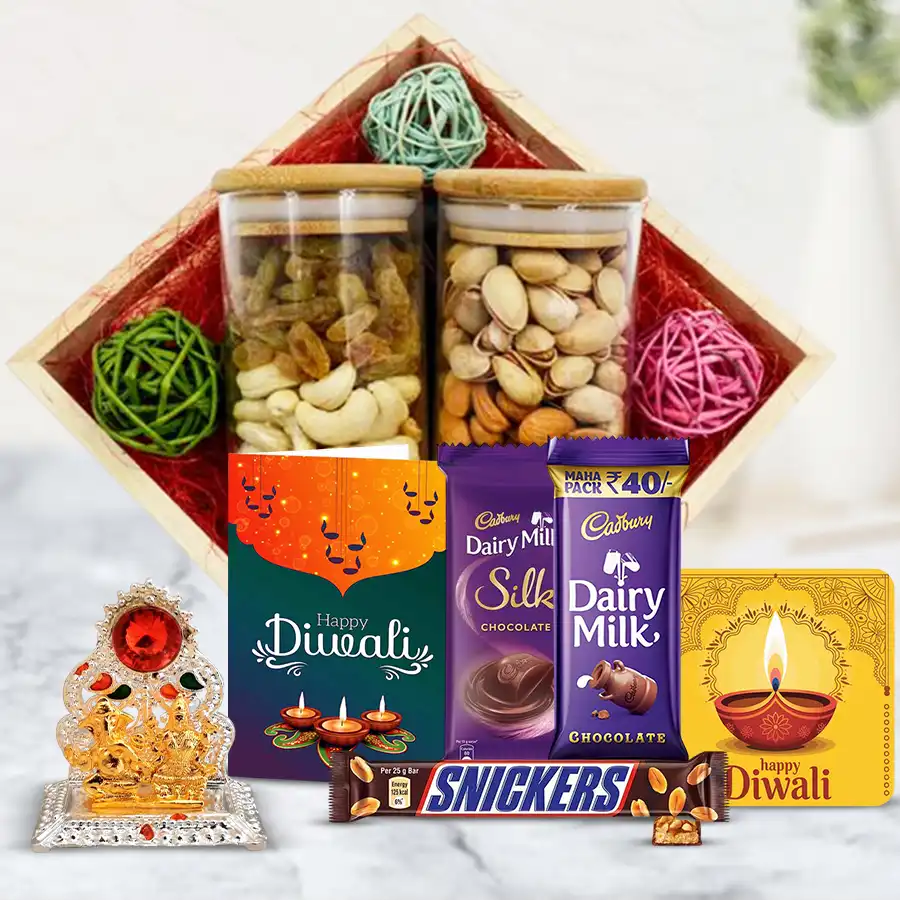 Special Festive Goodies Hamper featuring a wooden tray with nuts, chocolates, a Ganesh Laxmi Mandap, a fridge magnet, and a Diwali greeting card.