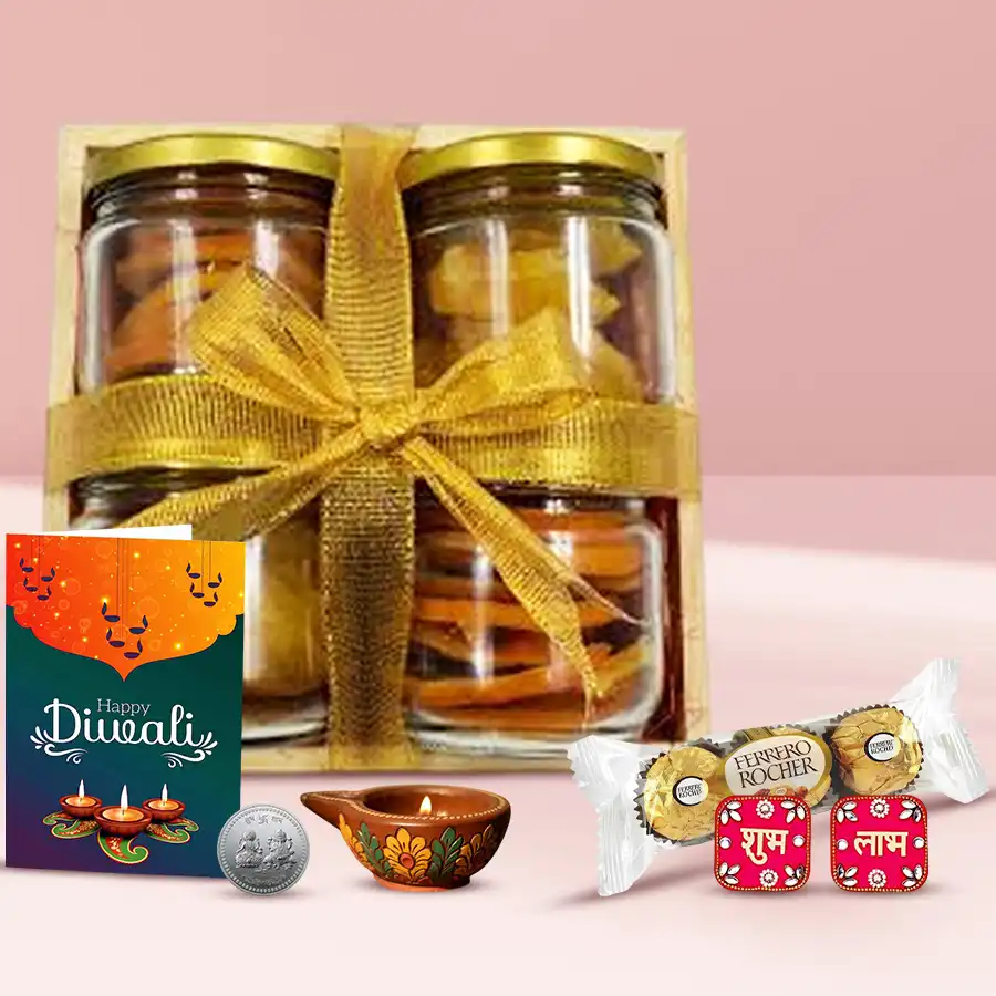 Warm Festive Diwali Wishes Combo Hamper featuring a wooden tray, glass containers with dried fruits, Ferrero Rocher chocolates, a designer diya, Shubh Labh wall stickers, a silver-plated coin, and a personalized Diwali wishing card.