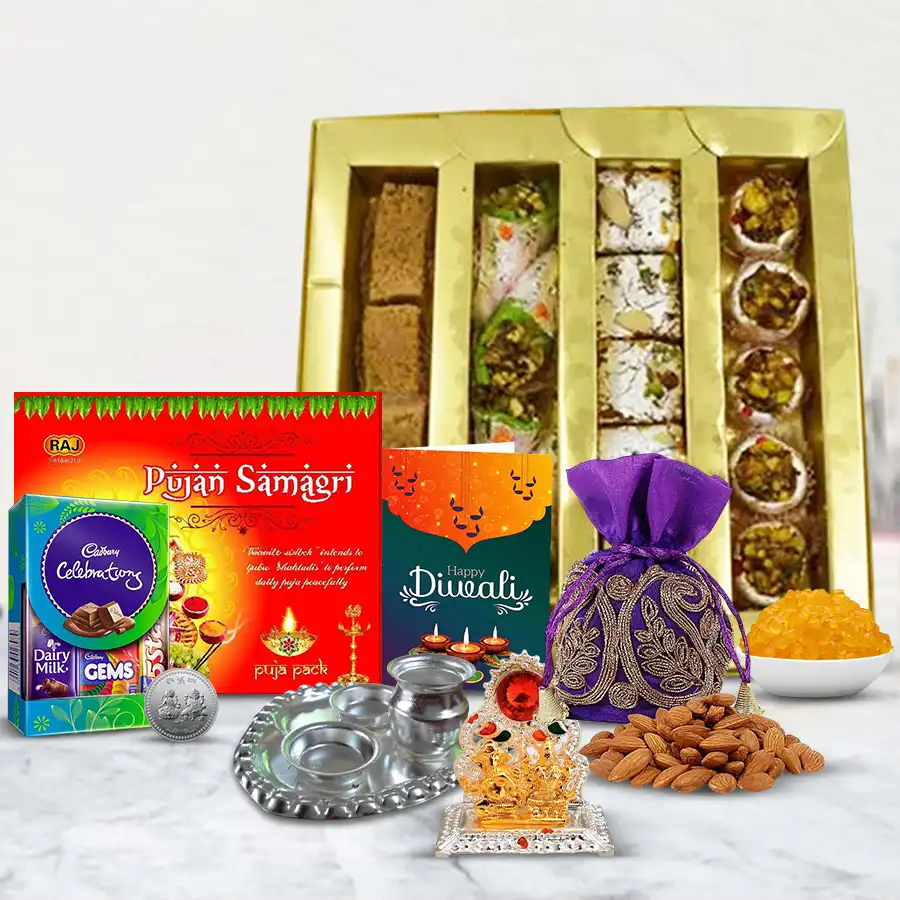 Diwali Vibes Sweet Gift Hamper featuring mixed sweets, Cadbury Dairy Milk, Ganesh Laxmi Mandap, silver paan thali, crunchy almonds, traditional pooja samagri, Kesaria Misri, and a free Diwali card.