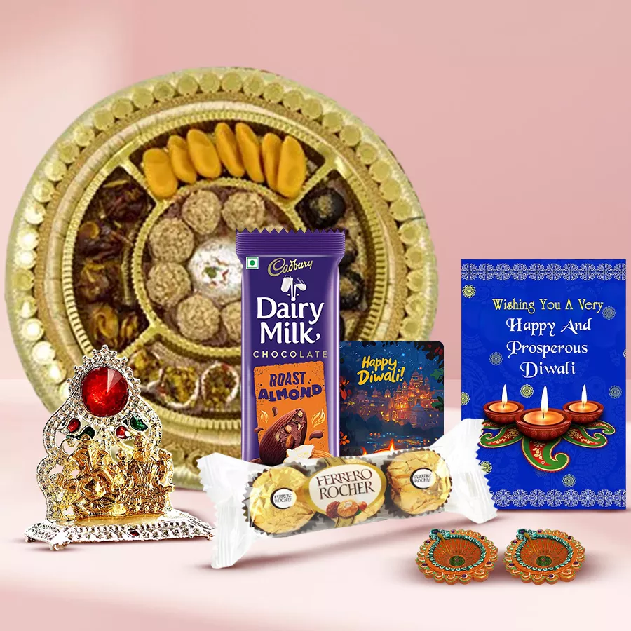 Grand Diwali Celebration Gift Hamper with sweets, chocolates, diyas, Ganesh Lakshmi Mandap, handmade fridge magnet, and Diwali card.