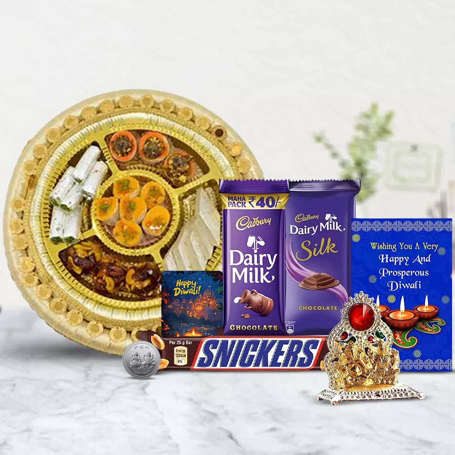 Complete Happiness Diwali Gift Hamper featuring an assortment of premium sweets, chocolates, a Ganesh Laxmi Mandap, a handmade fridge magnet, and a Diwali card.