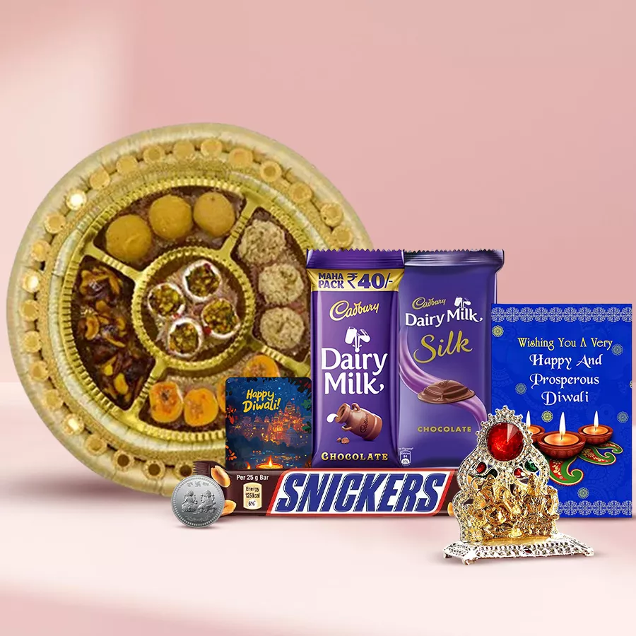 Unforgettable Diwali Celebration Gift Treat featuring traditional sweets, chocolates, a Ganesh Laxmi Mandap, a handmade fridge magnet, and a Diwali card